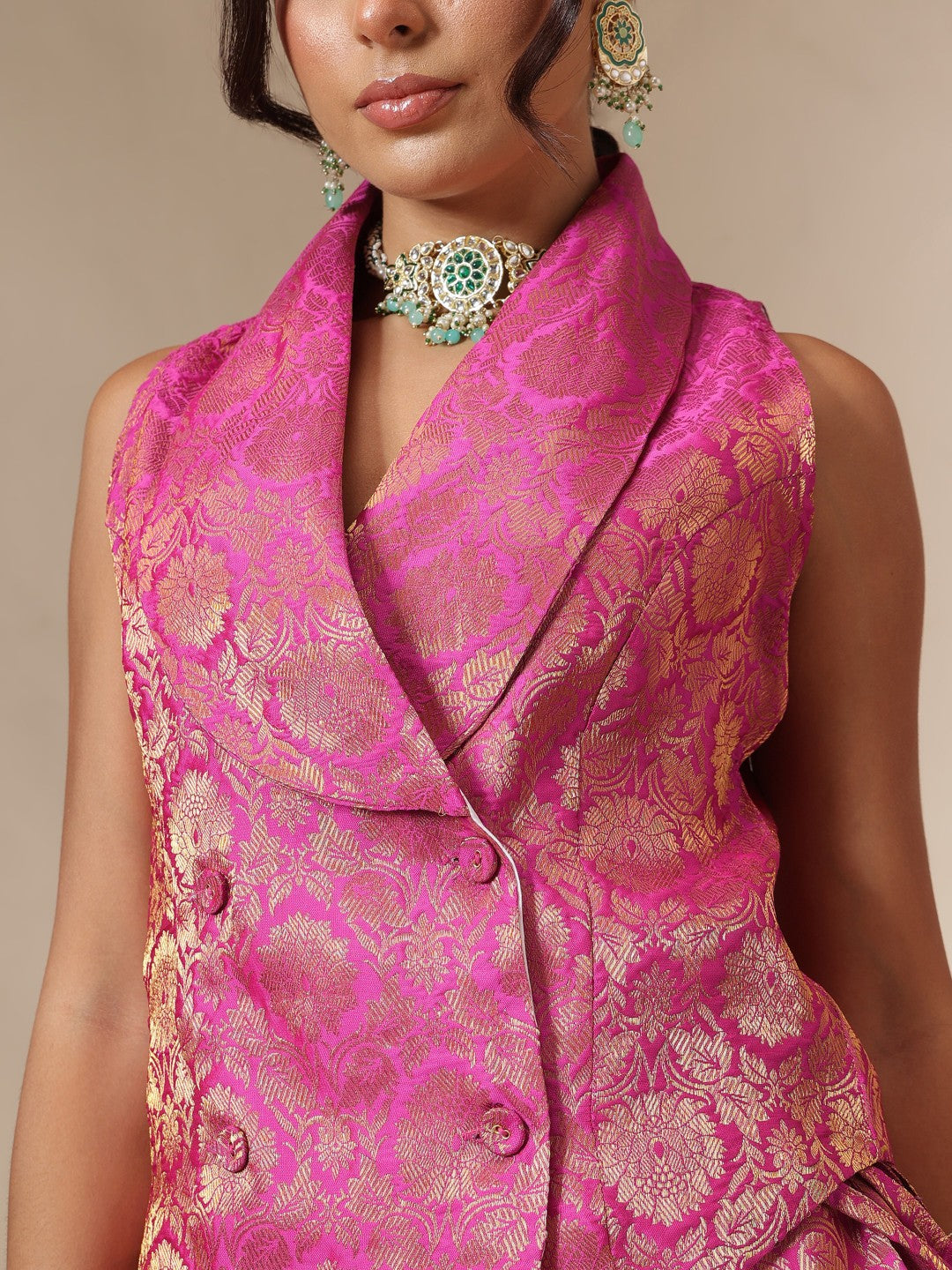 Fuchsia Brocade Vest Top With Anarkali Skirt -Shae by SASSAFRAS