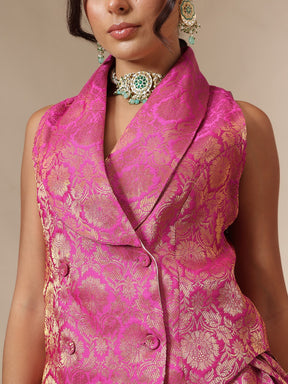 Fuchsia Brocade Vest Top With Anarkali Skirt -Shae by SASSAFRAS
