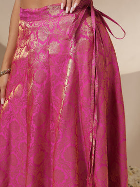 Women Fuchsia Brocade Vest Top With Anarkali Skirt