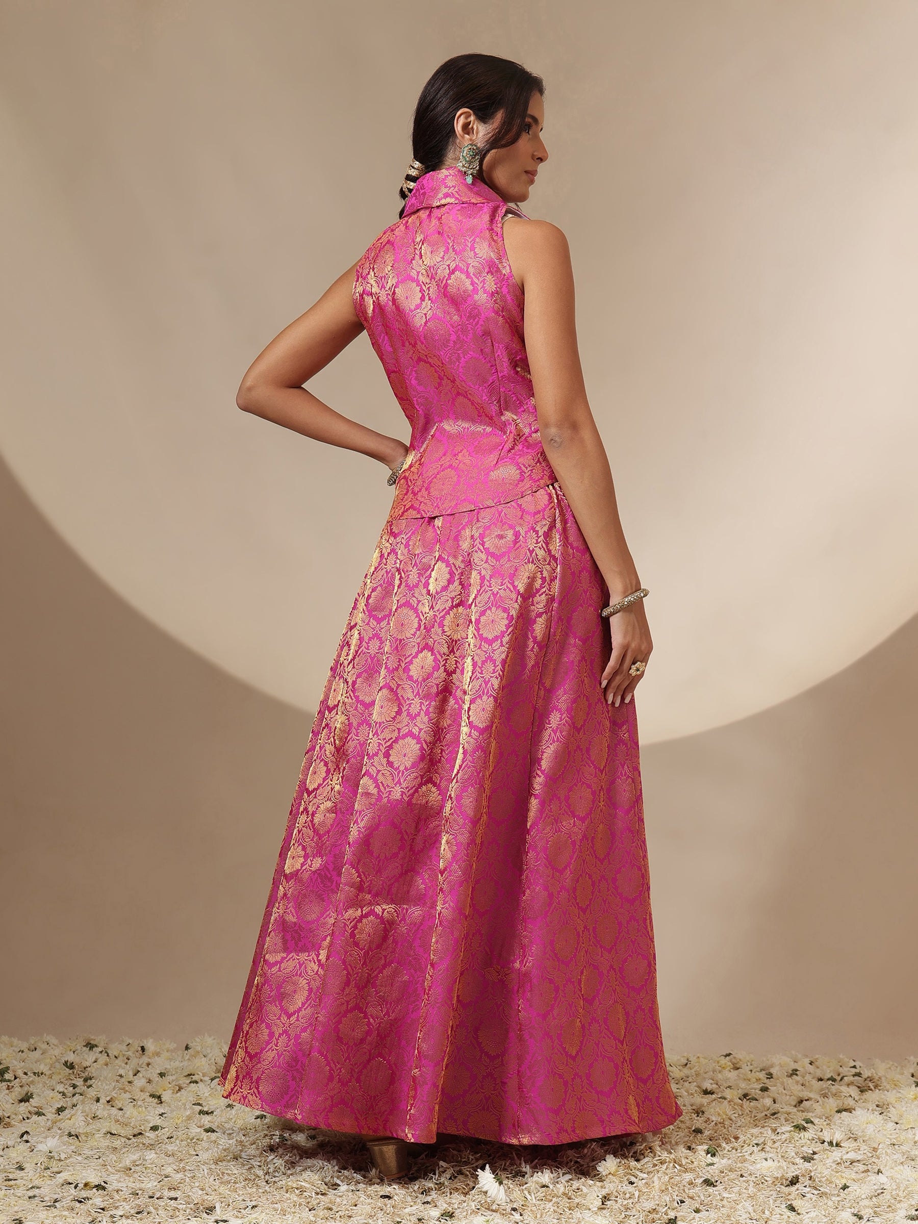 Women Fuchsia Brocade Vest Top With Anarkali Skirt