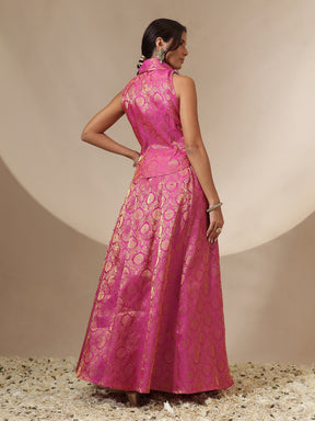 Women Fuchsia Brocade Vest Top With Anarkali Skirt