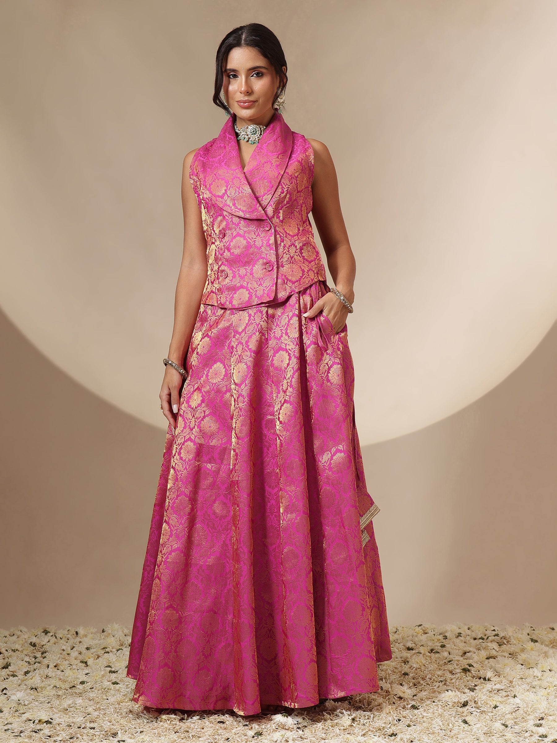 Women Fuchsia Brocade Vest Top With Anarkali Skirt