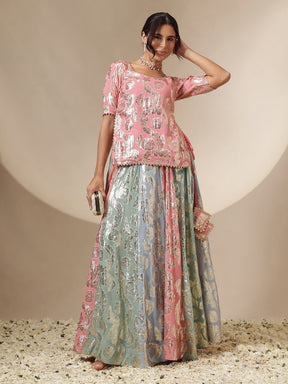Pink Multi Colour Short Sleeves Top With Anarkali Skirt -Shae by SASSAFRAS