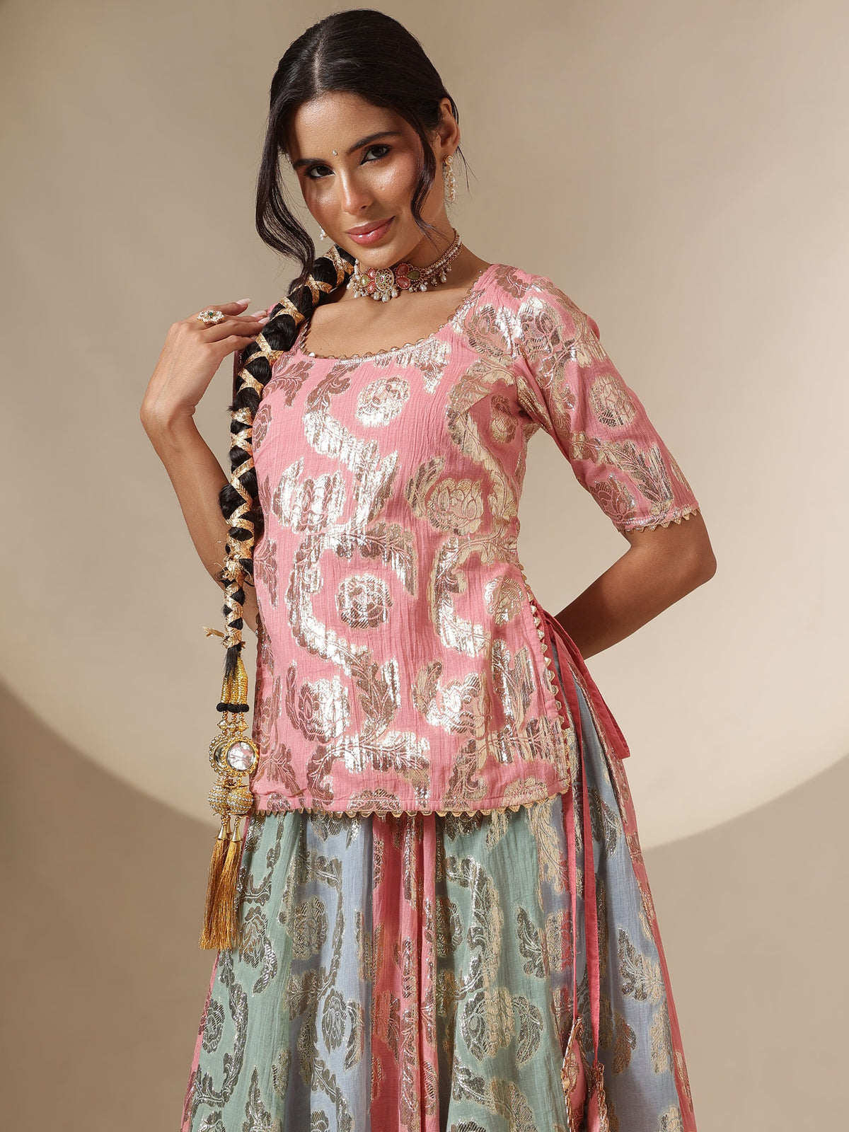 Pink Multi Colour Short Sleeves Top With Anarkali Skirt -Shae by SASSAFRAS