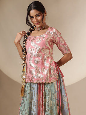 Pink Multi Colour Short Sleeves Top With Anarkali Skirt -Shae by SASSAFRAS