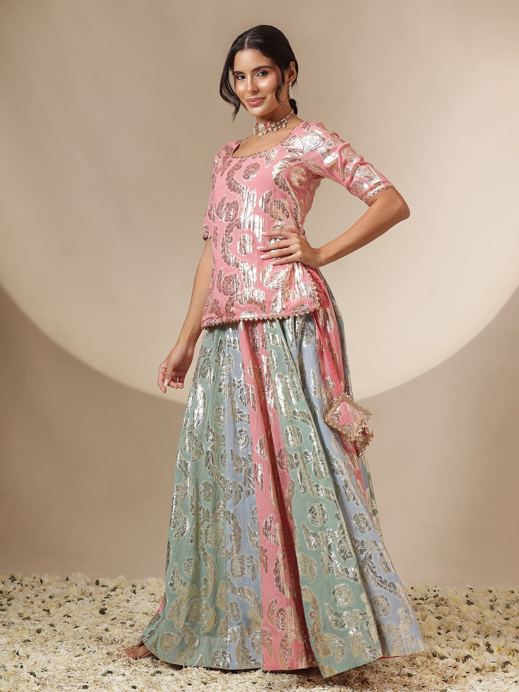 Pink Multi Colour Short Sleeves Top With Anarkali Skirt -Shae by SASSAFRAS