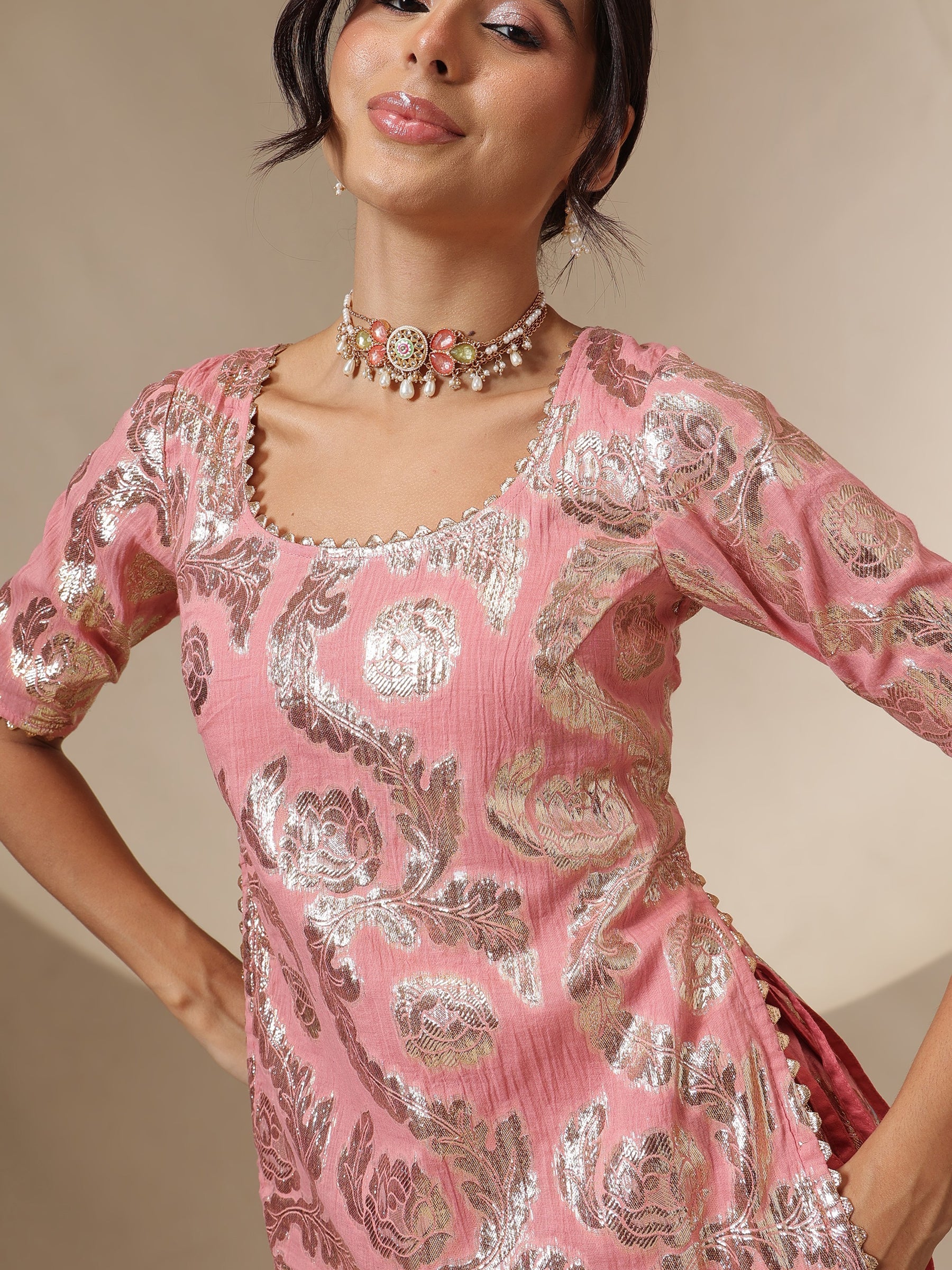 Pink Multi Colour Short Sleeves Top With Anarkali Skirt -Shae by SASSAFRAS