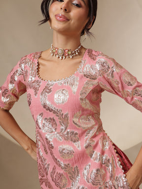 Pink Multi Colour Short Sleeves Top With Anarkali Skirt -Shae by SASSAFRAS