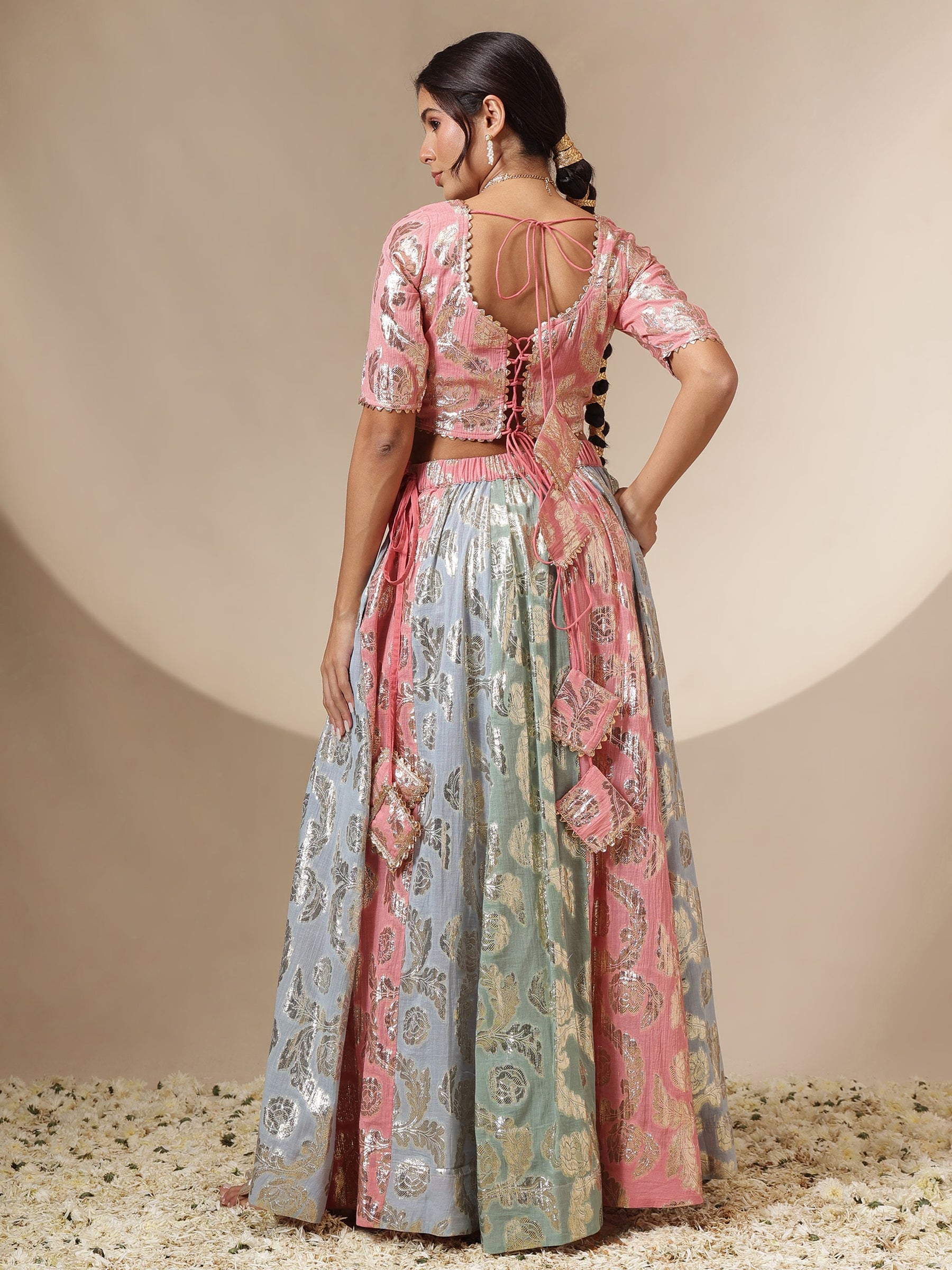 Women Pink Multi Colour Short Sleeves Top With Anarkali Skirt