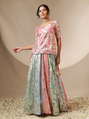 Women Pink Multi Colour Short Sleeves Top With Anarkali Skirt