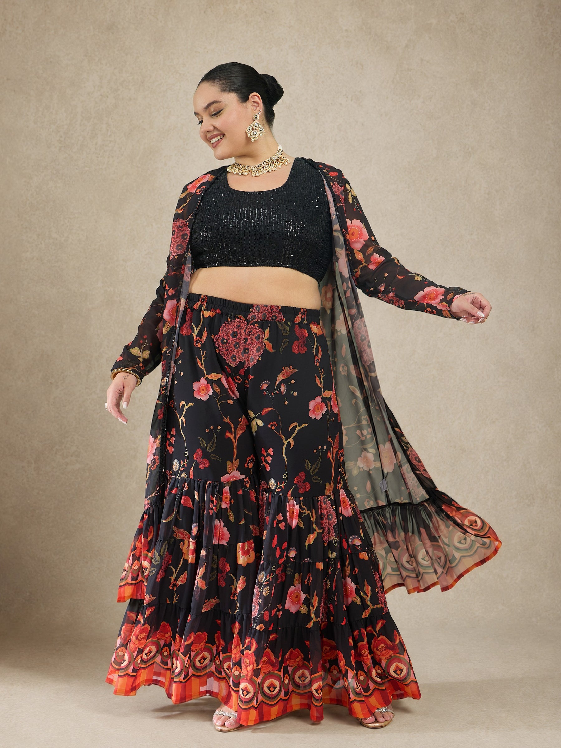 Black Sequin Crop Top With Sharara And Shrug-Shae by SASSAFRAS