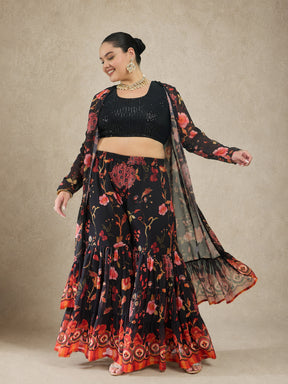 Black Sequin Crop Top With Sharara And Shrug-Shae by SASSAFRAS
