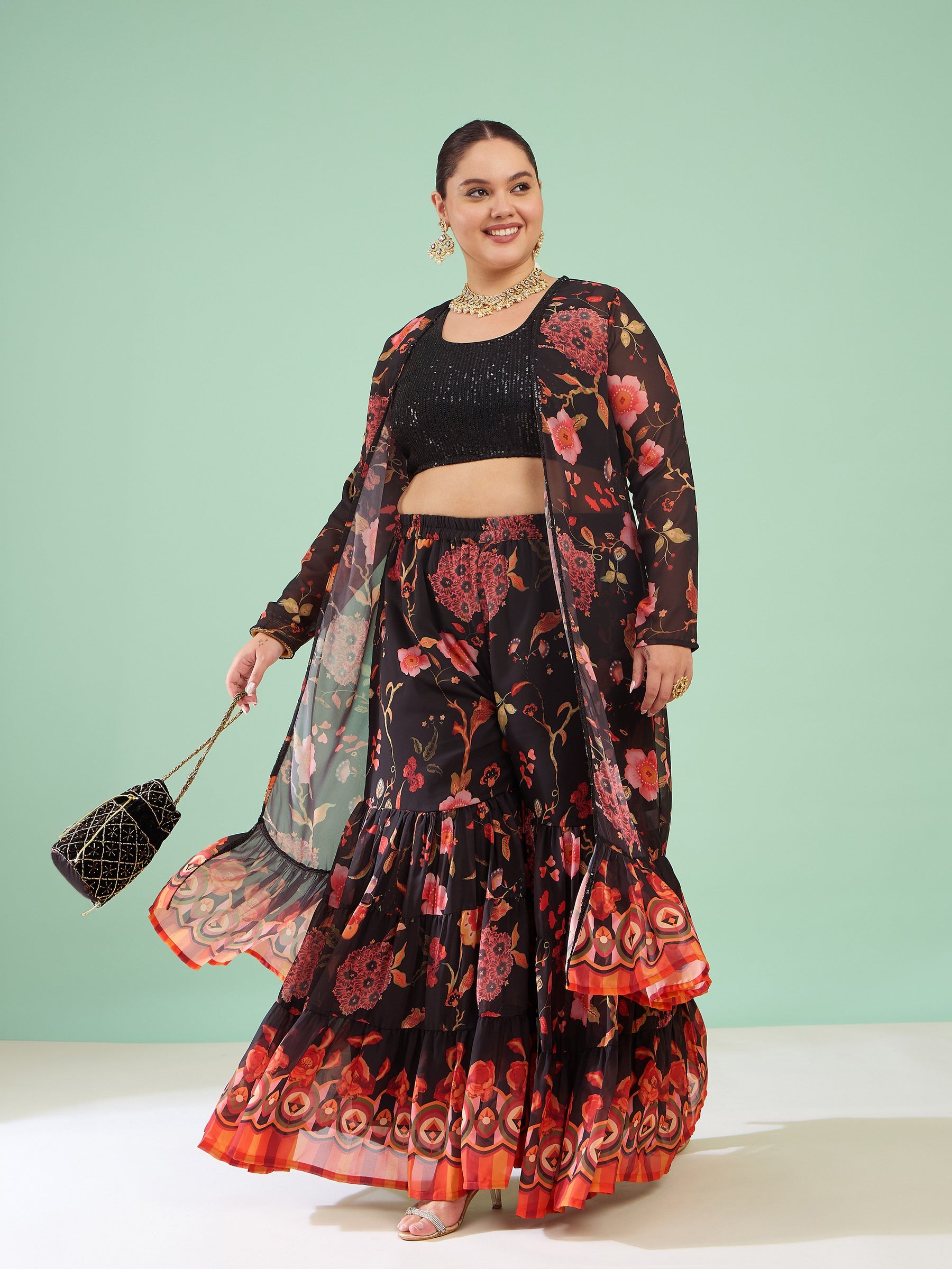 Black Sequin Crop Top With Sharara And Shrug-Shae by SASSAFRAS