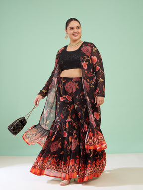 Black Sequin Crop Top With Sharara And Shrug-Shae by SASSAFRAS