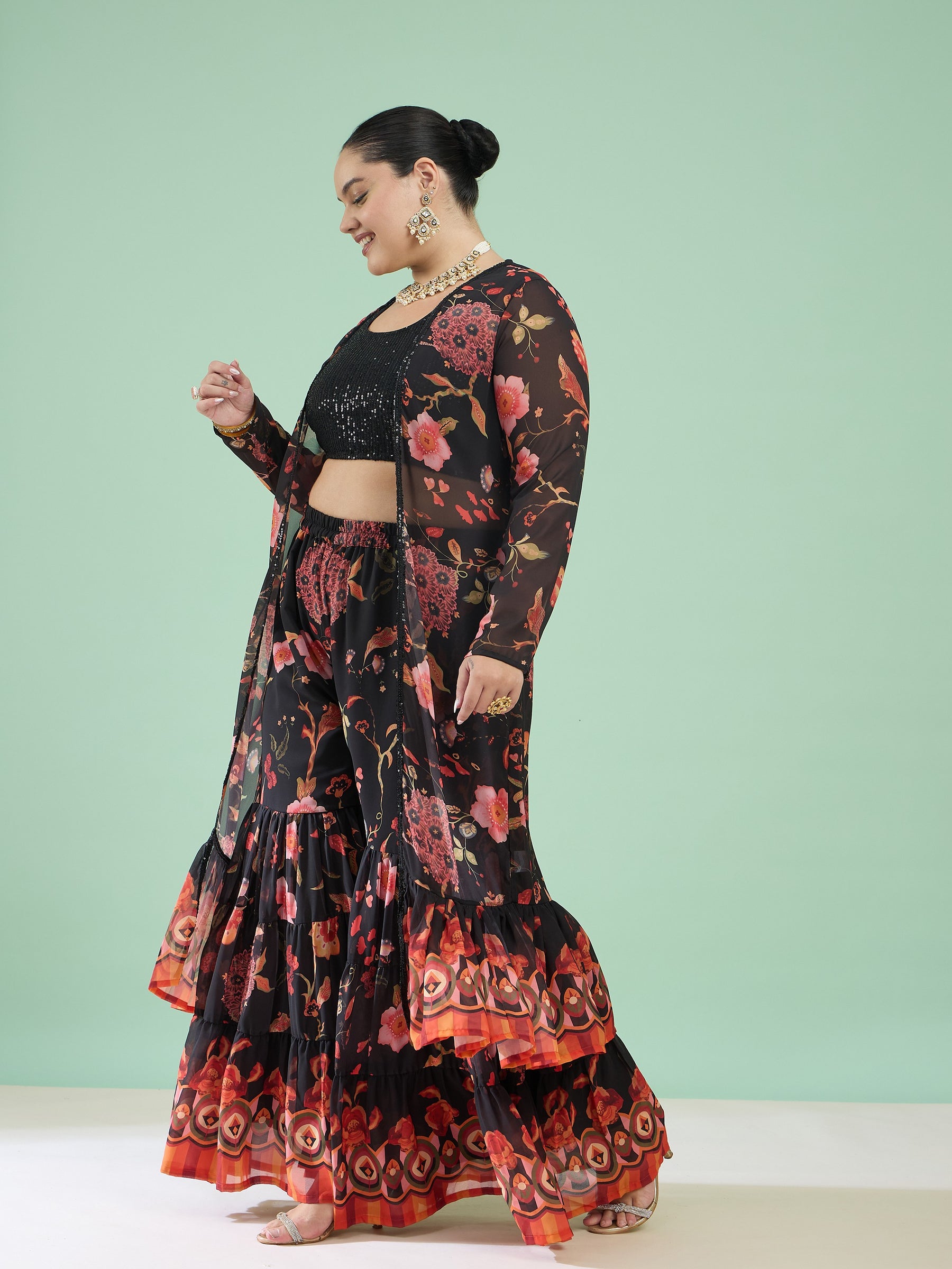 Black Sequin Crop Top With Sharara And Shrug-Shae by SASSAFRAS