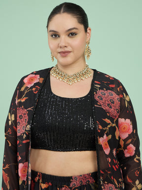 Black Sequin Crop Top With Sharara And Shrug-Shae by SASSAFRAS