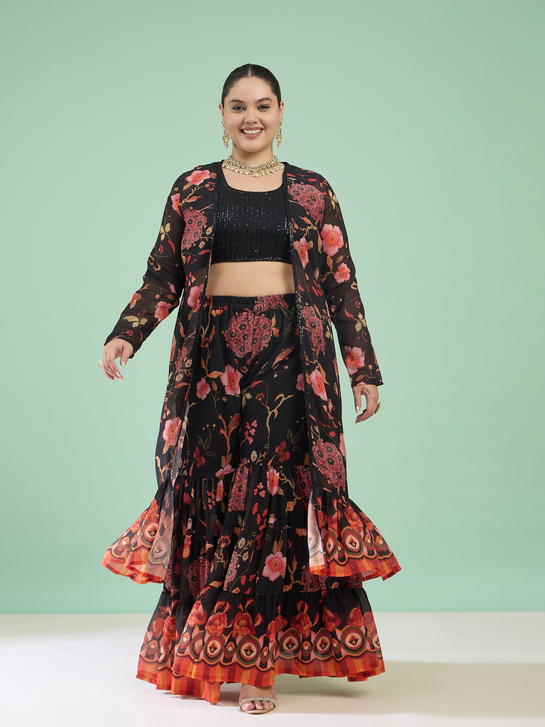 Women Black Sequin Crop Top With Sharara And Shrug