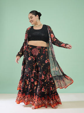 Women Black Sequin Crop Top With Sharara And Shrug