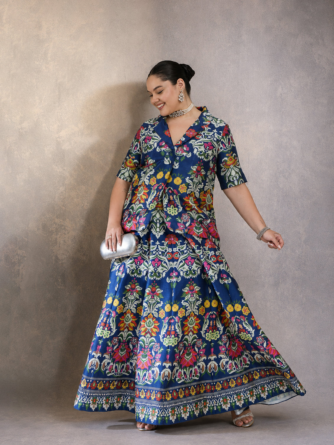Navy Floral Anarkali Skirt With Short Sleeves Blazer-Shae by SASSAFRAS
