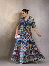 Navy Floral Anarkali Skirt With Short Sleeves Blazer-Shae by SASSAFRAS