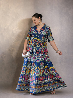Navy Floral Anarkali Skirt With Short Sleeves Blazer-Shae by SASSAFRAS