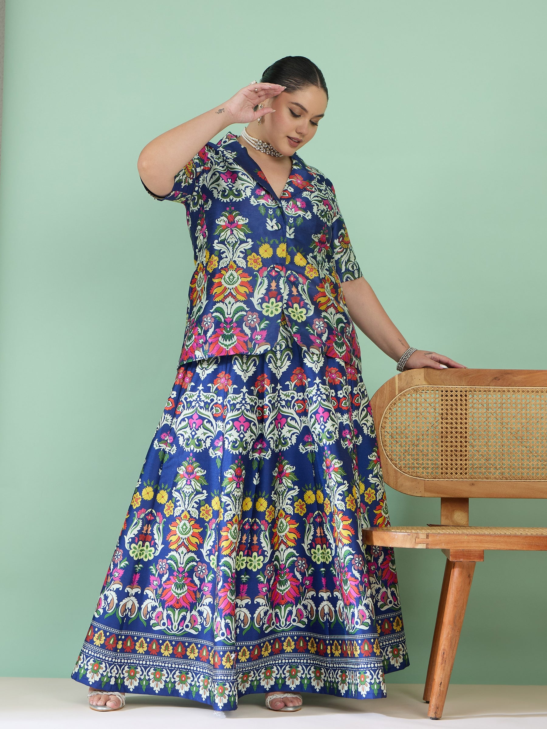 Navy Floral Anarkali Skirt With Short Sleeves Blazer-Shae by SASSAFRAS