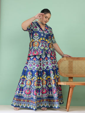Navy Floral Anarkali Skirt With Short Sleeves Blazer-Shae by SASSAFRAS