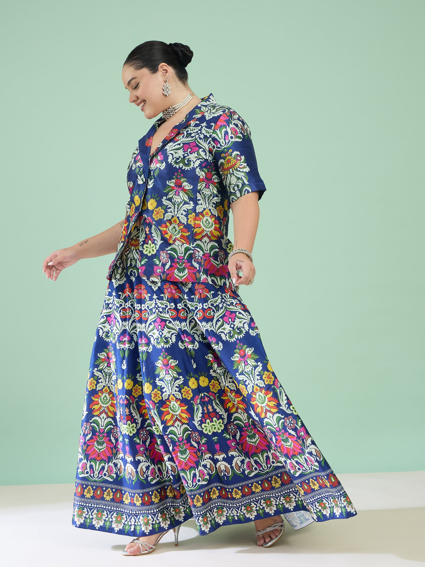 Navy Floral Anarkali Skirt With Short Sleeves Blazer-Shae by SASSAFRAS