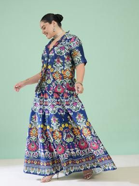 Navy Floral Anarkali Skirt With Short Sleeves Blazer-Shae by SASSAFRAS