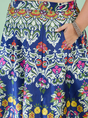 Women Navy Floral Anarkali Skirt With Short Sleeves Blazer