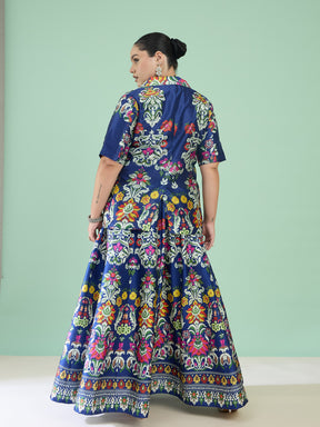 Women Navy Floral Anarkali Skirt With Short Sleeves Blazer