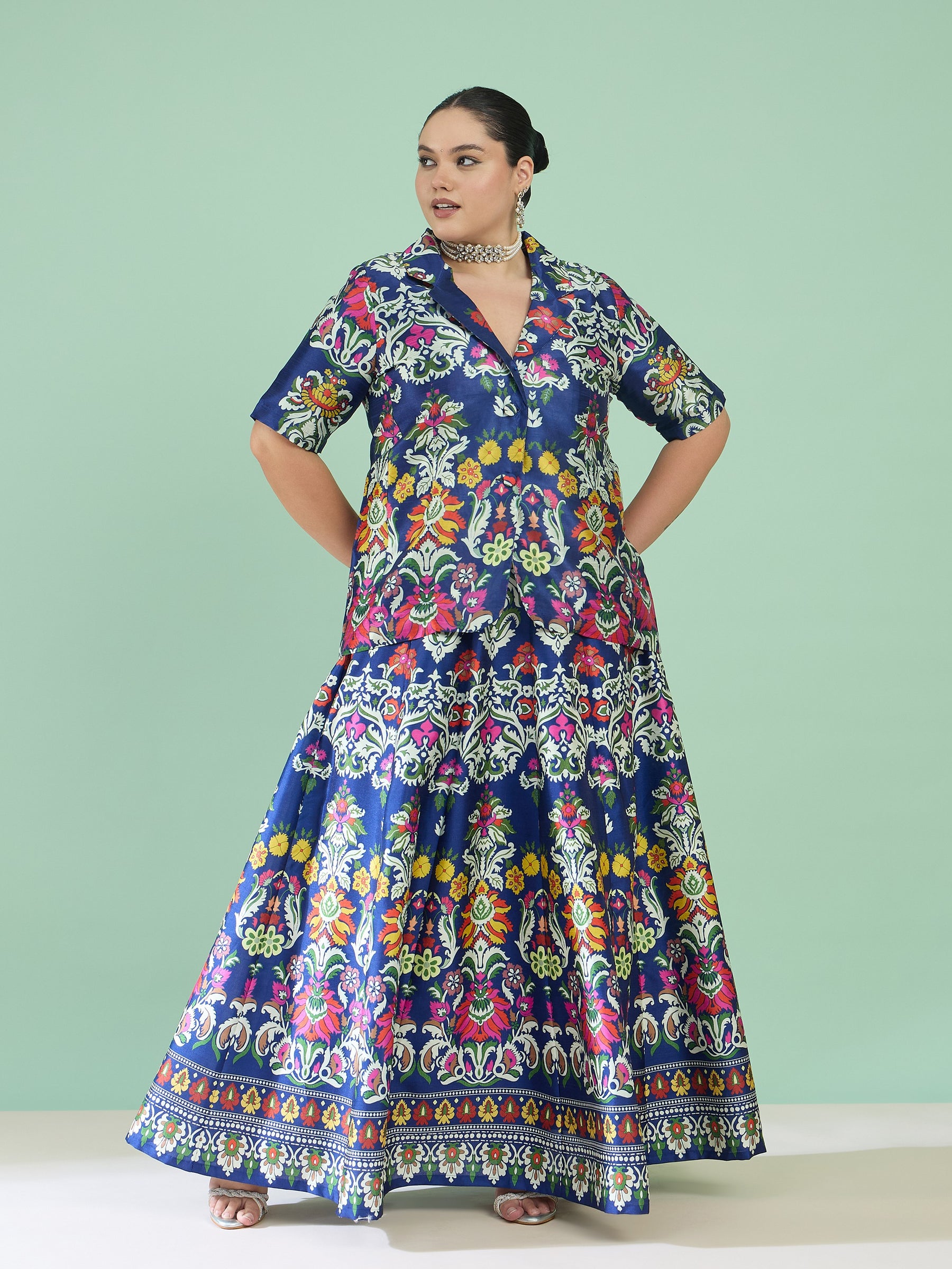 Women Navy Floral Anarkali Skirt With Short Sleeves Blazer