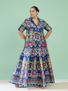 Women Navy Floral Anarkali Skirt With Short Sleeves Blazer