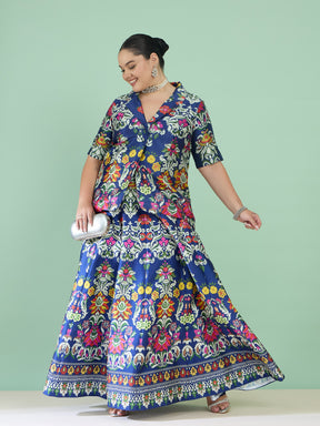 Women Navy Floral Anarkali Skirt With Short Sleeves Blazer
