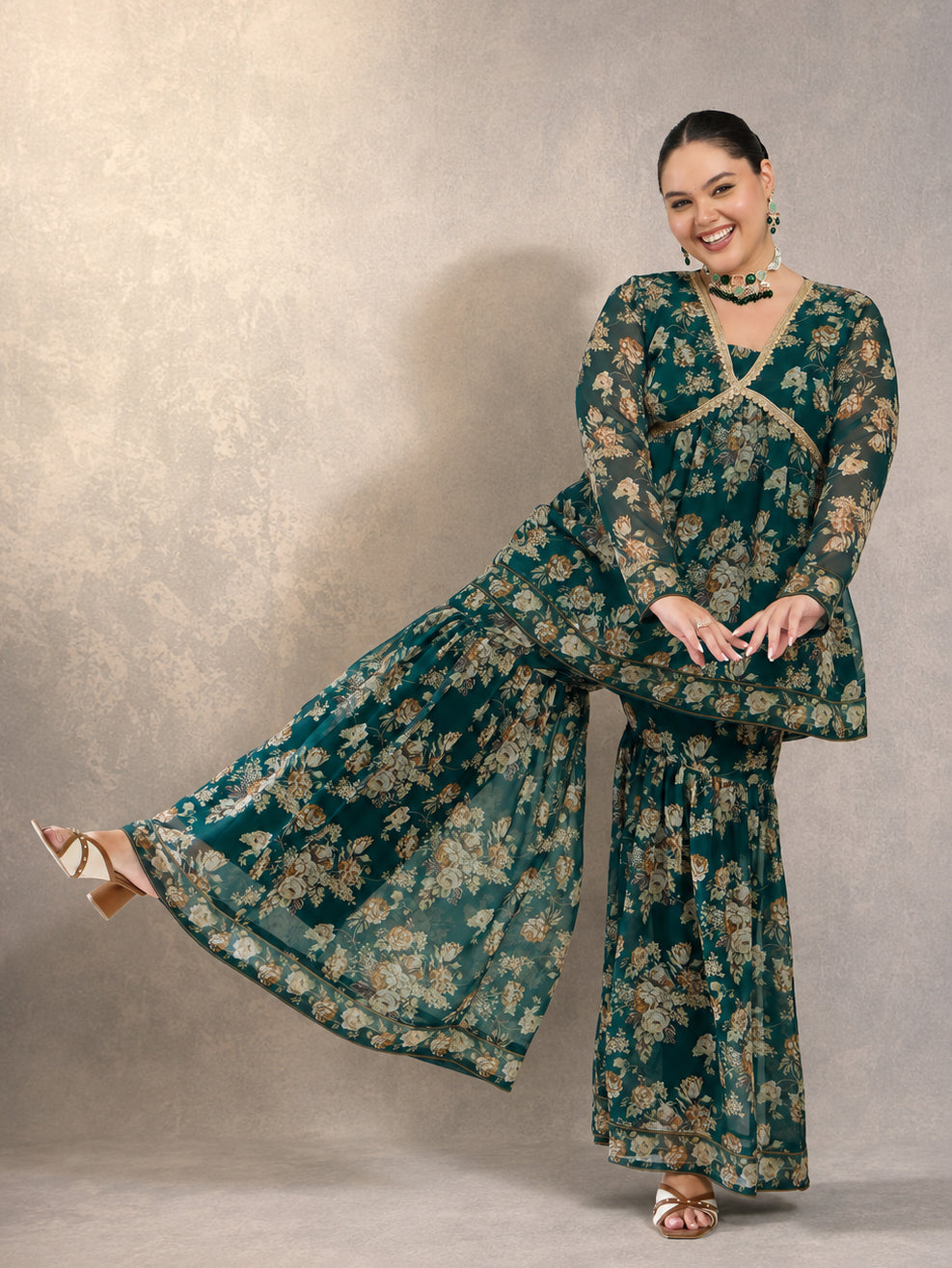 Green Floral Peplum Top With Sharara Pants -Shae by SASSAFRAS
