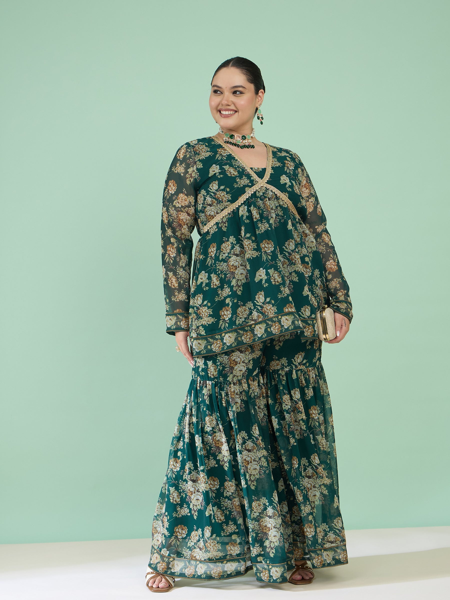 Green Floral Peplum Top With Sharara Pants -Shae by SASSAFRAS