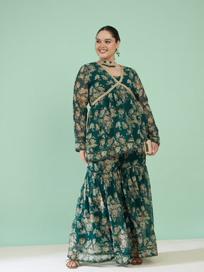 Green Floral Peplum Top With Sharara Pants -Shae by SASSAFRAS