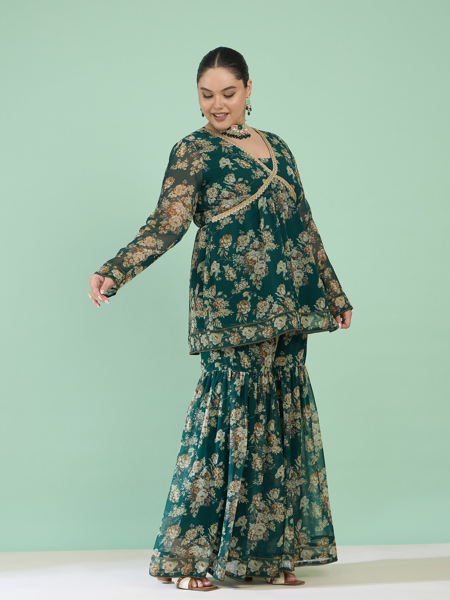 Green Floral Peplum Top With Sharara Pants -Shae by SASSAFRAS