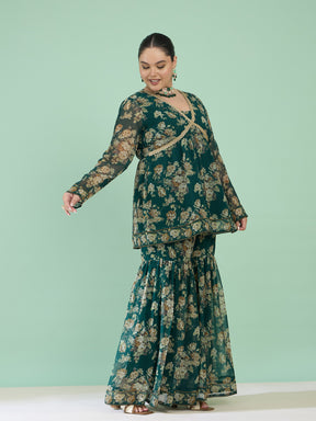 Green Floral Peplum Top With Sharara Pants -Shae by SASSAFRAS