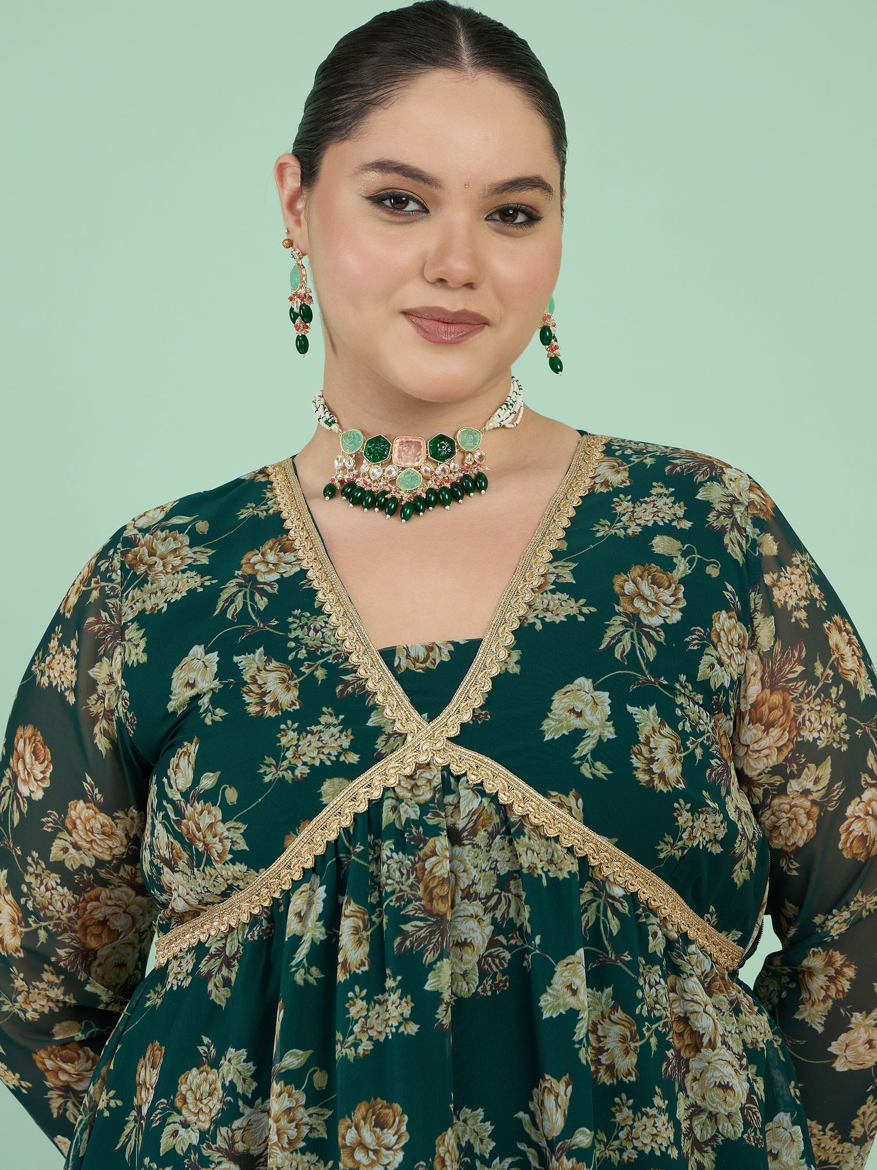 Green Floral Peplum Top With Sharara Pants -Shae by SASSAFRAS