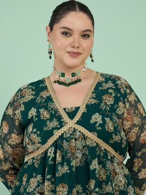 Green Floral Peplum Top With Sharara Pants -Shae by SASSAFRAS