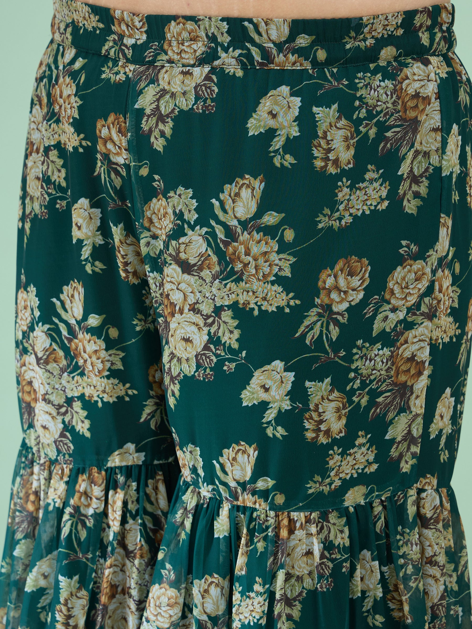 Women Green Floral Peplum Top With Sharara Pants