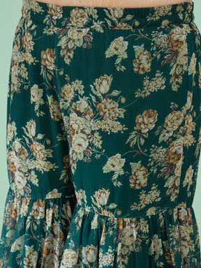 Women Green Floral Peplum Top With Sharara Pants