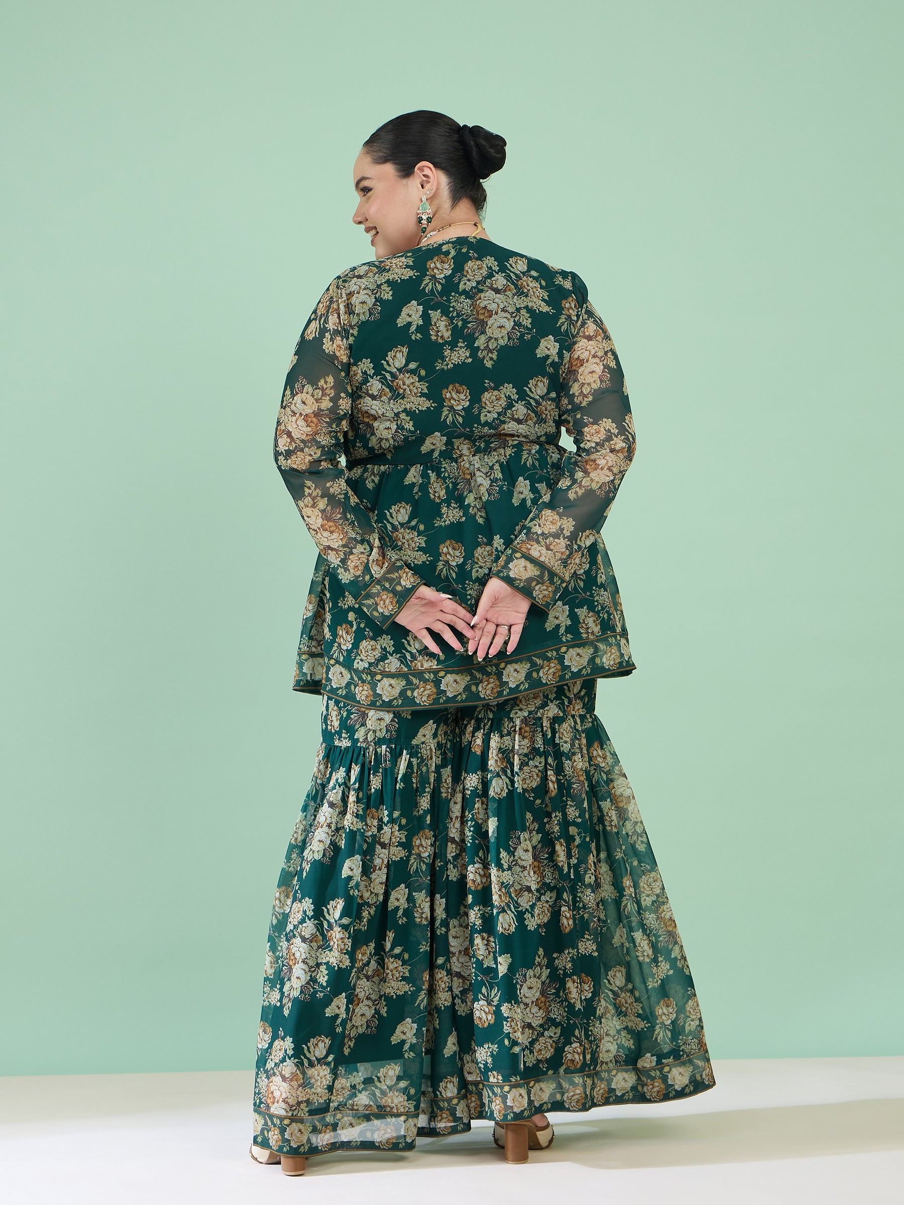 Women Green Floral Peplum Top With Sharara Pants