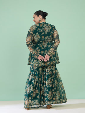 Women Green Floral Peplum Top With Sharara Pants