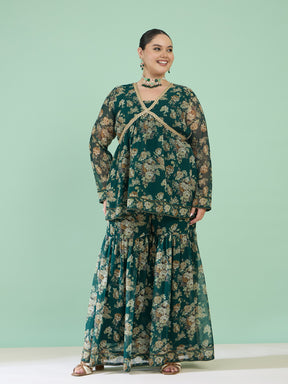 Women Green Floral Peplum Top With Sharara Pants