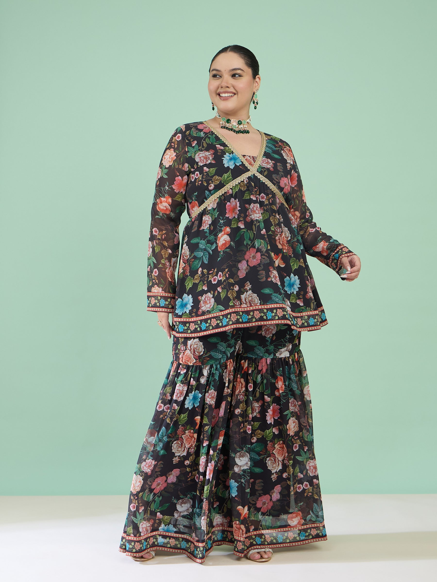 Black Floral Peplum Top With Sharara Pants -Shae by SASSAFRAS