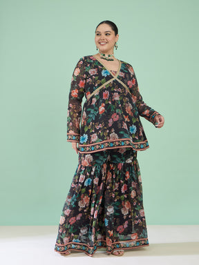 Black Floral Peplum Top With Sharara Pants -Shae by SASSAFRAS