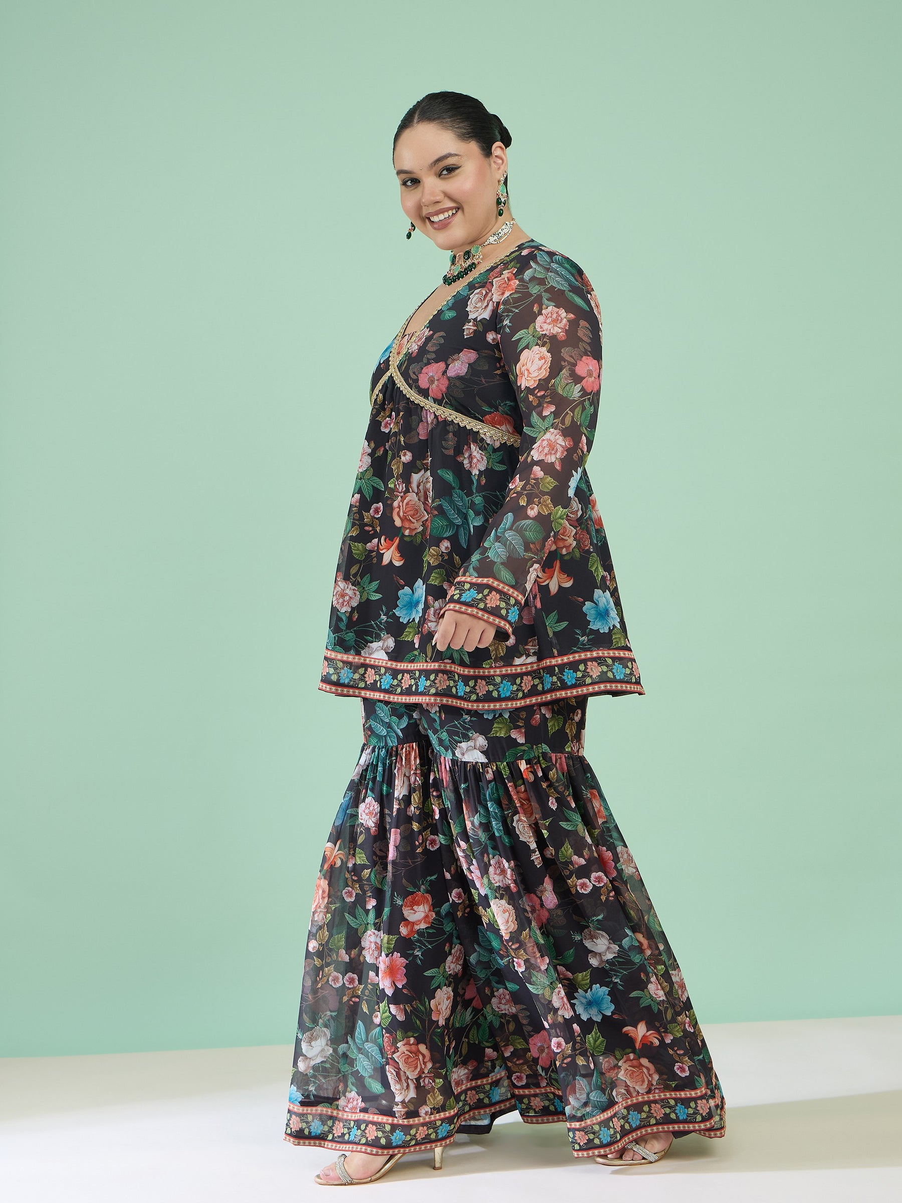 Black Floral Peplum Top With Sharara Pants -Shae by SASSAFRAS