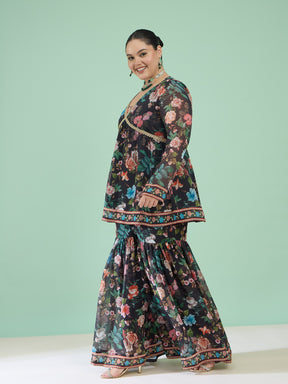 Black Floral Peplum Top With Sharara Pants -Shae by SASSAFRAS